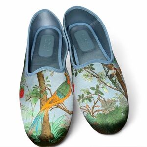 Gucci Tian-printed Women's Light Blue Bird Print Slippers Silk Satin size 9